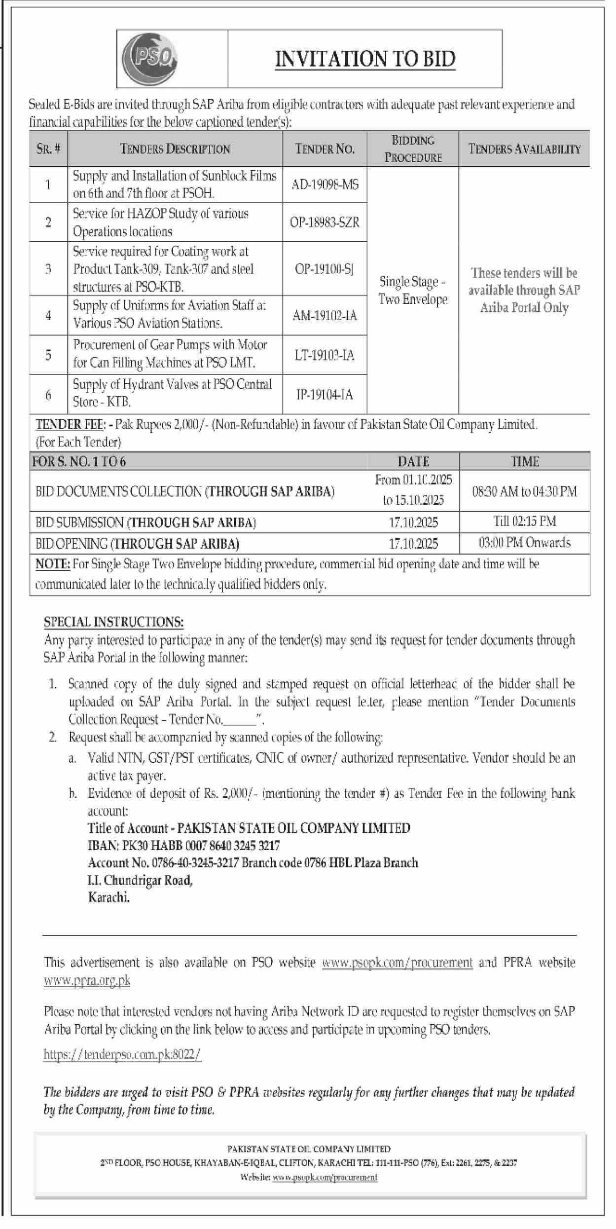 Pakistan State Oil Company Limited Tender Notice